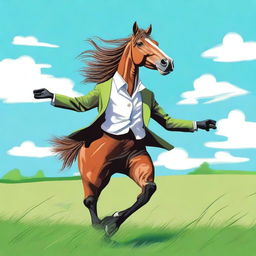 A whimsical scene of a horse wearing a stylish blazer, dancing joyfully in an open field