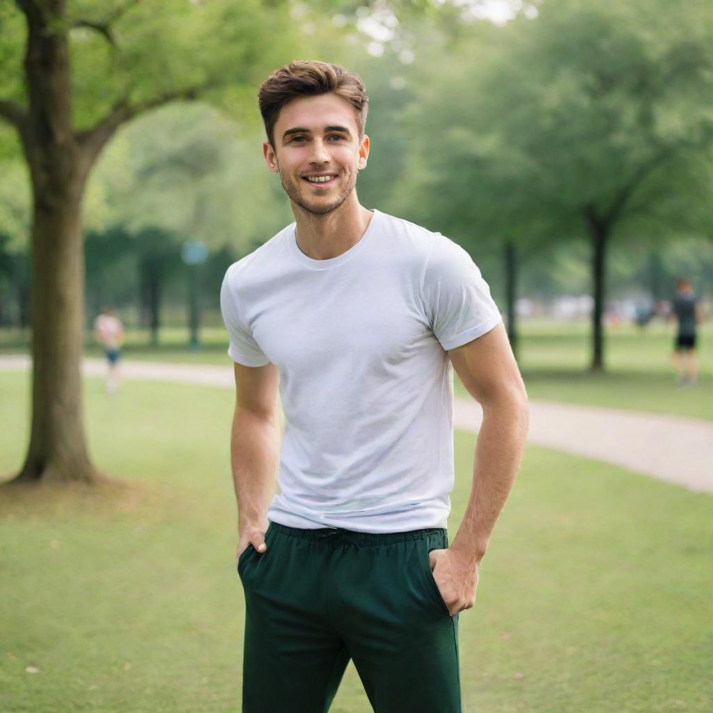 A vibrant 25-year-old man wearing a crisp white t-shirt and black pants is immersed in various outdoor sports activities within a green park.