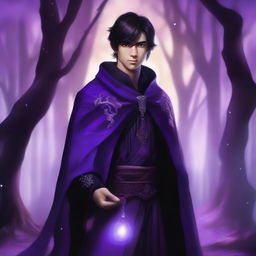 A digital art depicting a young human male with black buzzed hair, wearing purple mage robes