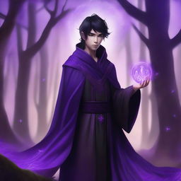 A digital art depicting a young human male with black buzzed hair, wearing purple mage robes