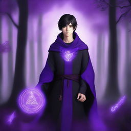 A digital art depicting a young human male with black buzzed hair, wearing purple mage robes