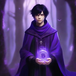 A digital art depicting a young human male with black buzzed hair, wearing purple mage robes