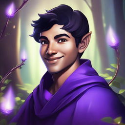 A digital art depicting a 33-year-old man in purple mage robes, with short black hair, a happy and friendly face, and tanned skin