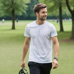 A vibrant 25-year-old man wearing a crisp white t-shirt and black pants is immersed in various outdoor sports activities within a green park.