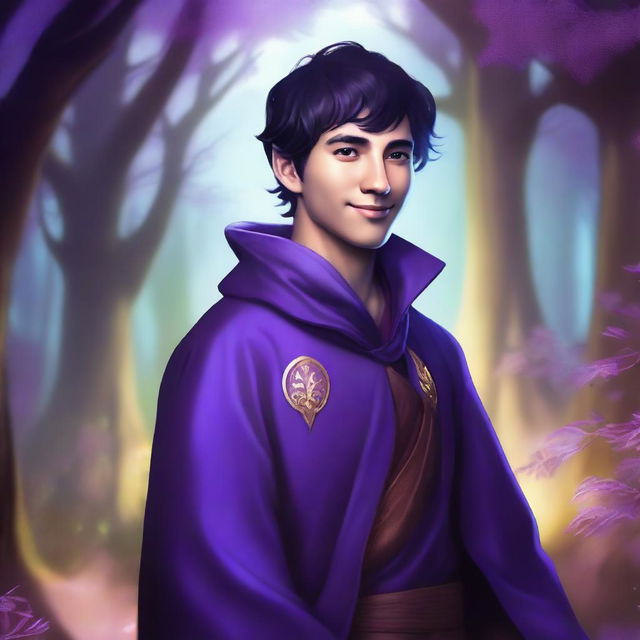 A digital art depicting a 33-year-old man in purple mage robes, with short black hair, a happy and friendly face, and tanned skin