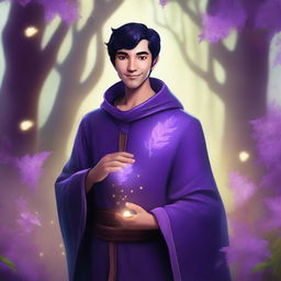 A digital art depicting a 33-year-old man in purple mage robes, with short black hair, a happy and friendly face, and tanned skin