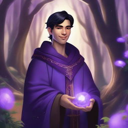 A digital art depicting a 33-year-old man in purple mage robes, with short black hair, a happy and friendly face, and tanned skin