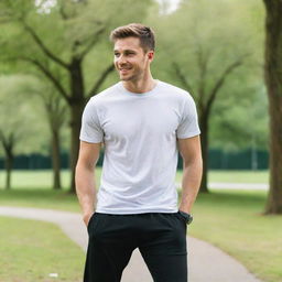 A vibrant 25-year-old man wearing a crisp white t-shirt and black pants is immersed in various outdoor sports activities within a green park.