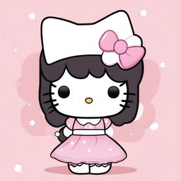 Create an image of Hello Kitty with short, wavy black hair, wearing a white headband