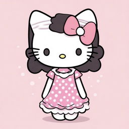 Create an image of Hello Kitty with short, wavy black hair, wearing a white headband