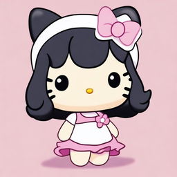 Create an image of Hello Kitty with short, wavy black hair, wearing a white headband