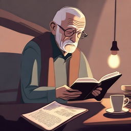 A detailed illustration of an old man with a melancholic expression reading a book