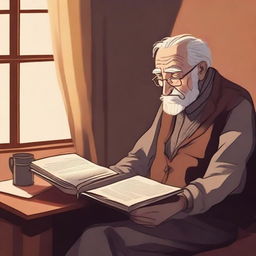 A detailed illustration of an old man with a melancholic expression reading a book