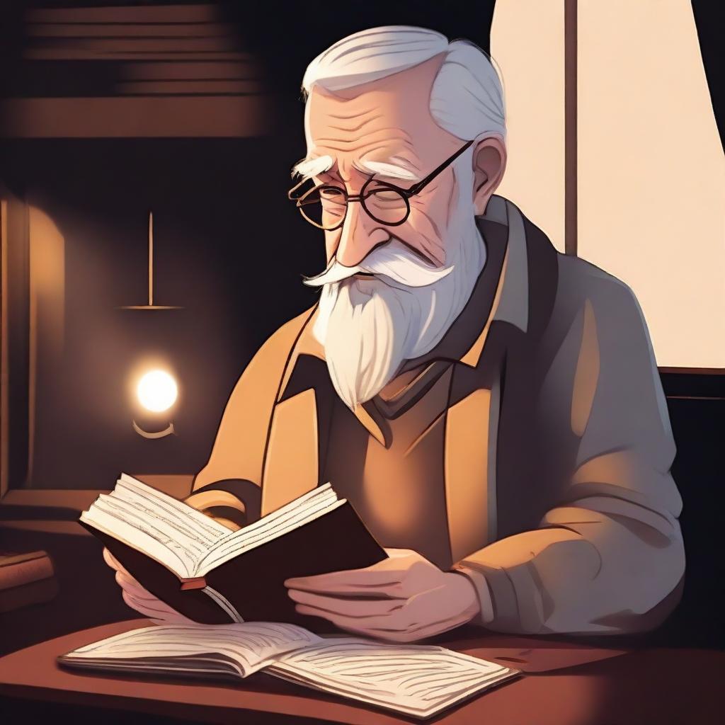 A detailed illustration of an old man with a melancholic expression reading a book