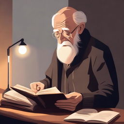 A detailed illustration of an old man with a melancholic expression reading a book