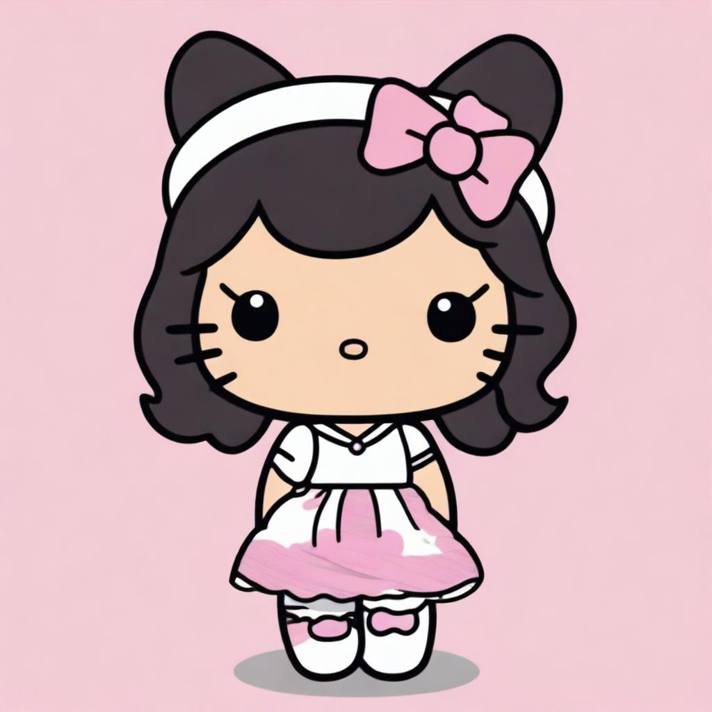 Create an image of Hello Kitty with short, wavy black hair, wearing a white headband