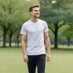 A vibrant 25-year-old man wearing a crisp white t-shirt and black pants is immersed in various outdoor sports activities within a green park.