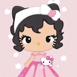 Create an image of Hello Kitty with short, wavy black hair, wearing a white headband