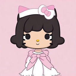 Create an image of Hello Kitty with short, wavy black hair, wearing a white headband