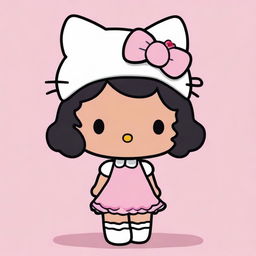 Create an image of Hello Kitty with short, wavy black hair, wearing a white headband