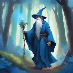 A detailed illustration of an old wizard walking through a mystical blue forest