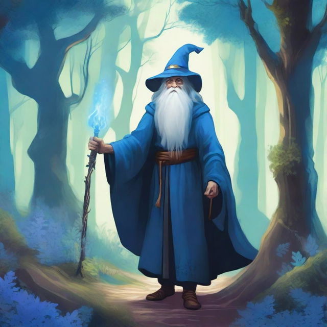 A detailed illustration of an old wizard walking through a mystical blue forest