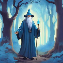 A detailed illustration of an old wizard walking through a mystical blue forest