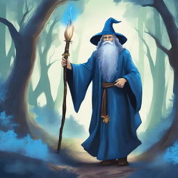 A detailed illustration of an old wizard walking through a mystical blue forest