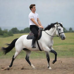 A youthful 25-year-old man wearing a white t-shirt and black pants is atop a galloping horse, exhibiting an excellent display of equine control.