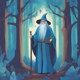 A book cover illustration featuring an old wizard in a forest with cool blue tones