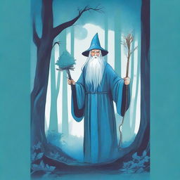 A book cover illustration featuring an old wizard in a forest with cool blue tones