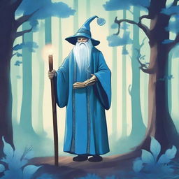 A book cover illustration featuring an old wizard in a forest with cool blue tones