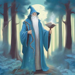 A book cover illustration featuring an old wizard in a forest with cool blue tones