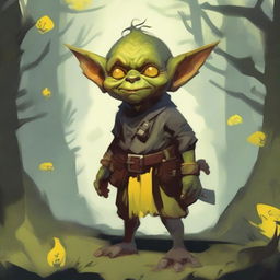 A detailed illustration of an 18-year-old goblin with dark yellow skin and bright yellow eyes