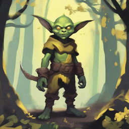 A detailed illustration of an 18-year-old goblin with dark yellow skin and bright yellow eyes