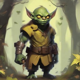 A detailed illustration of an 18-year-old goblin with dark yellow skin and bright yellow eyes