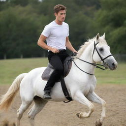 A youthful 25-year-old man wearing a white t-shirt and black pants is atop a galloping horse, exhibiting an excellent display of equine control.