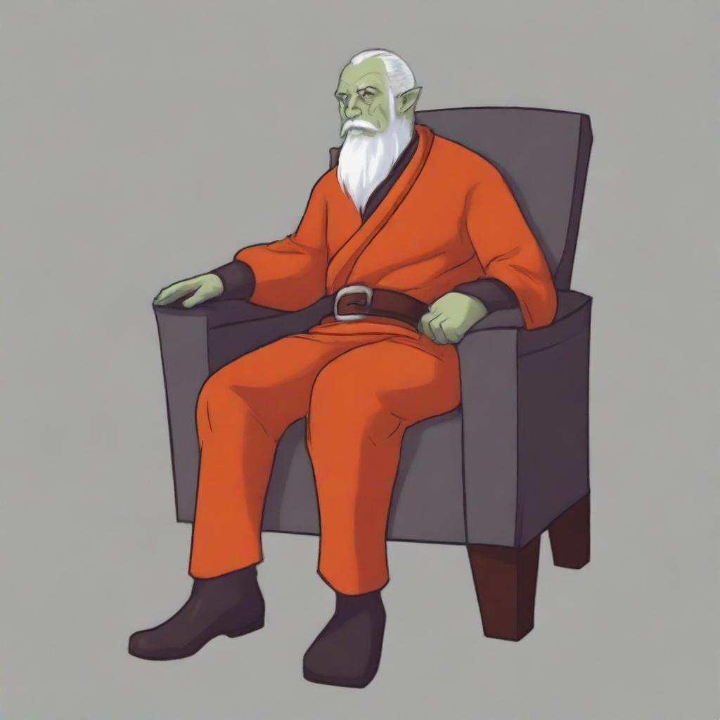 Digital art of an elderly half-orc in mage robes of orange color