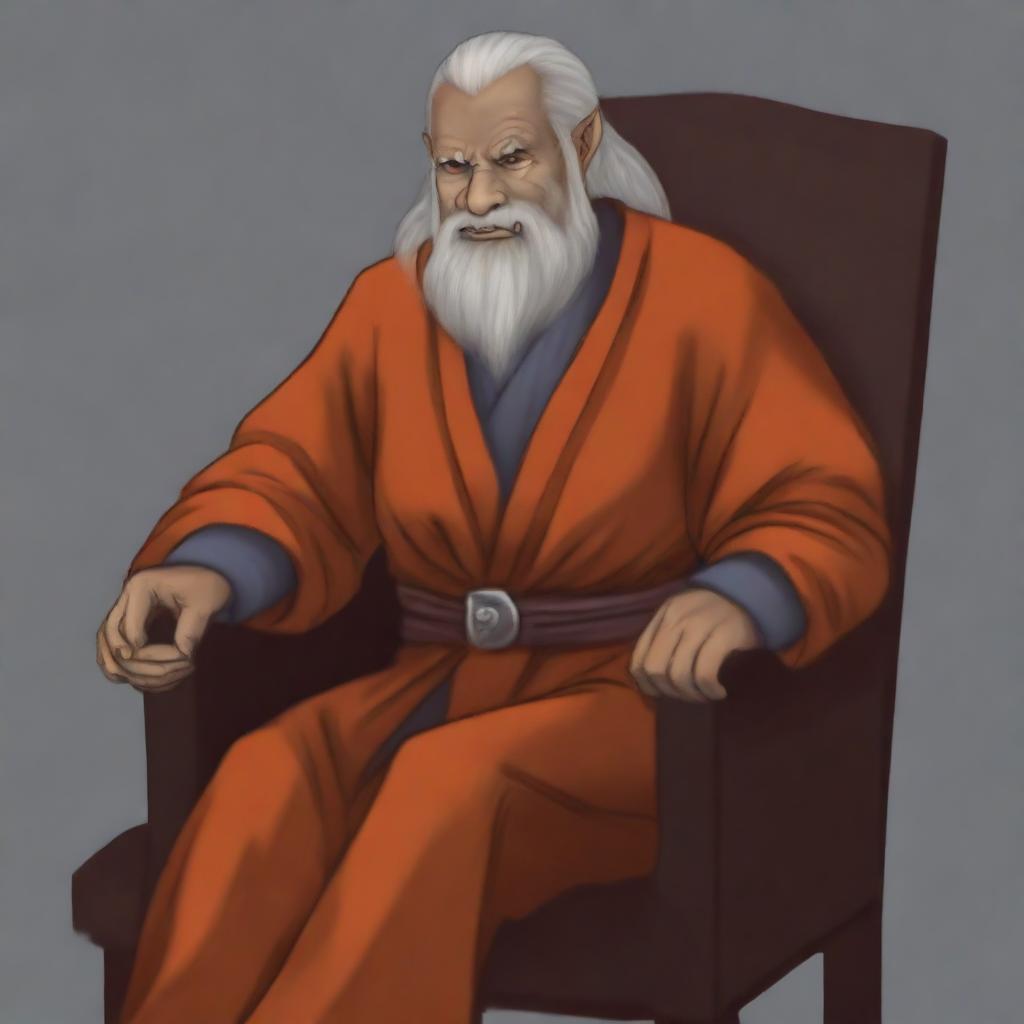 Digital art of an elderly half-orc in mage robes of orange color