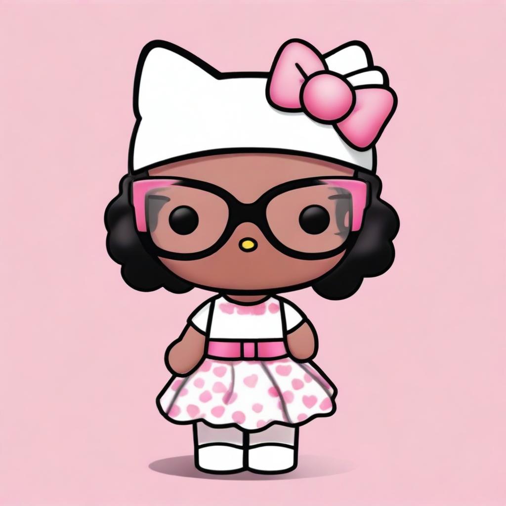 Create an image of Hello Kitty with short, wavy black hair, wearing a white headband and glasses