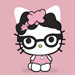 Create an image of Hello Kitty with short, wavy black hair, wearing a white headband and glasses