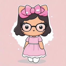 Create an image of Hello Kitty with short, wavy black hair, wearing a white headband and glasses