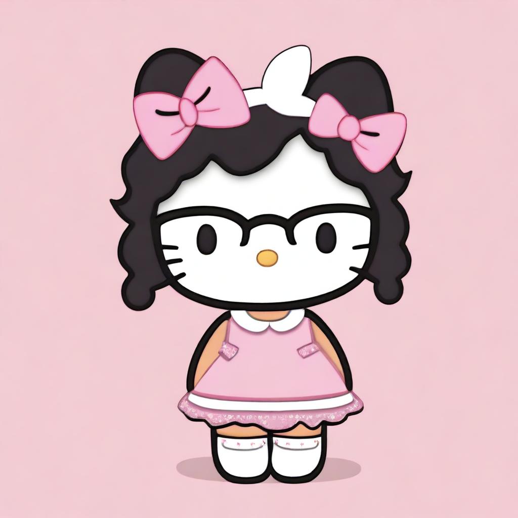 Create an image of Hello Kitty with short, wavy black hair, wearing a white headband and glasses