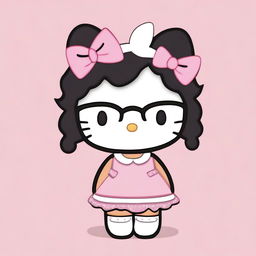 Create an image of Hello Kitty with short, wavy black hair, wearing a white headband and glasses