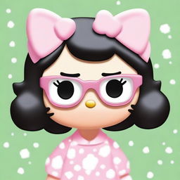 Create an image of Hello Kitty with short, wavy black hair, wearing a white headband and glasses