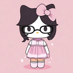 Create an image of Hello Kitty with short, wavy black hair, wearing a white headband and glasses