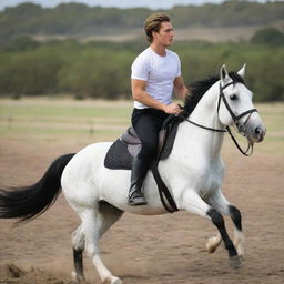 A youthful 25-year-old man wearing a white t-shirt and black pants is atop a galloping horse, exhibiting an excellent display of equine control.