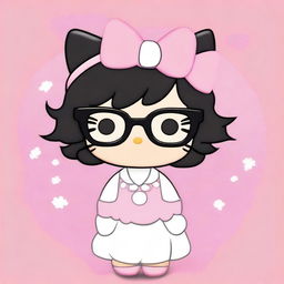 Create an image of Hello Kitty with short, wavy black hair, wearing a white headband and glasses