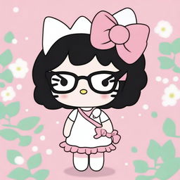 Create an image of Hello Kitty with short, wavy black hair, wearing a white headband and glasses