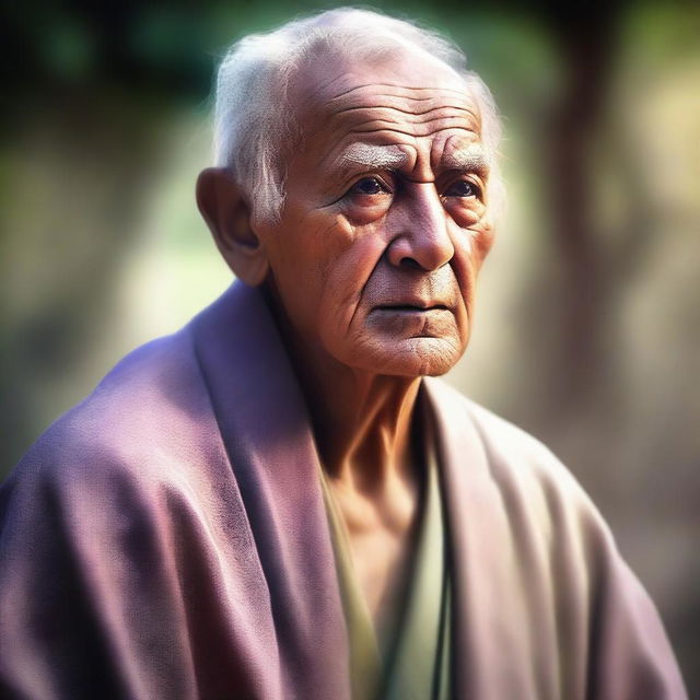 Digital art of an elderly man in flowing robes, with a wise and serene expression